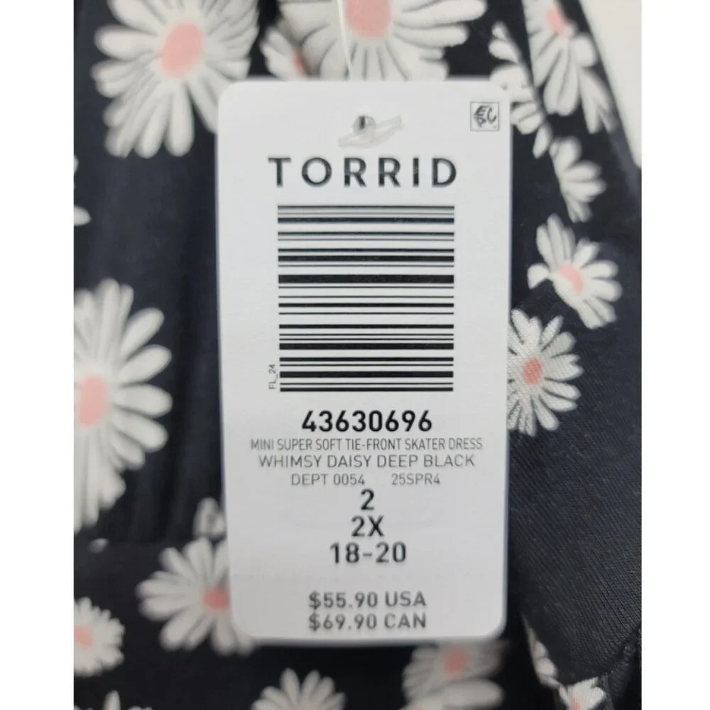 NWT Torrid 2 Black Daisy Mini Super Soft Tie Front Skater Dress 2X 18 20